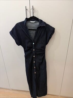 Button-Front Dark Navy Midi Dress